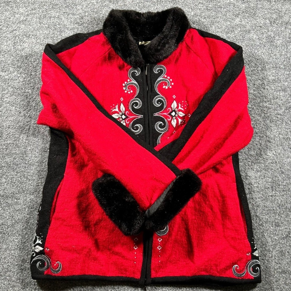 Carson Jacket Womens XL Red Wool Embroidered Faux Fur Trim Zip Up Winter Boho